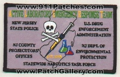 New Jersey State ALERT
Thanks to EmblemAndPatchSales.com for this scan.
Keywords: police active laboratory emergency response team statewide narcotics task force us drug enforcement administration dea