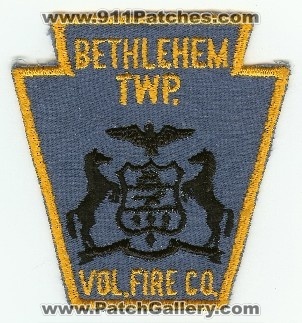 Bethlehem Twp Vol Fire Co
Thanks to PaulsFirePatches.com for this scan.
Keywords: pennsylvania township volunteer company