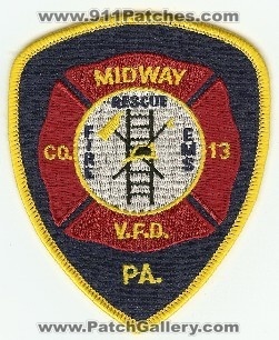 Midway VFD Co 13
Thanks to PaulsFirePatches.com for this scan.
Keywords: pennsylvania v.f.d. company volunteer fire department engine ems