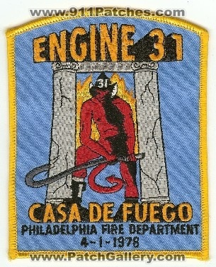 Philadelphia Fire Engine 31
Thanks to PaulsFirePatches.com for this scan.
Keywords: pennsylvania department pfd
