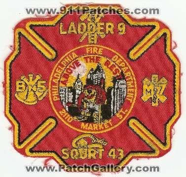 Philadelphia Fire Ladder 9 Squirt 43 Medic 7 Battalion 5
Thanks to PaulsFirePatches.com for this scan.
Keywords: pennsylvania department pfd