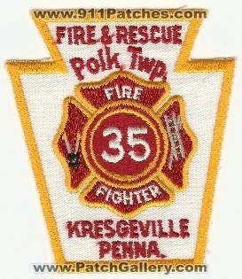 Polk Twp Fire & Rescue
Thanks to PaulsFirePatches.com for this scan.
Keywords: pennsylvania township fighter 35 kresgeville