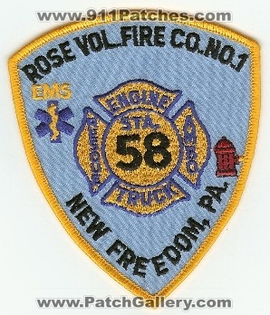Rose Vol Fire Co No 1 Station 58
Thanks to PaulsFirePatches.com for this scan.
Keywords: pennsylvania volunteer company number new freedom engine rescue truck ambo ems
