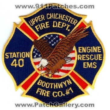 Upper Chichester Fire Dept Boothwyn Fire Co #1 Station 40
Thanks to PaulsFirePatches.com for this scan.
Keywords: pennsylvania department company number engine rescue ems