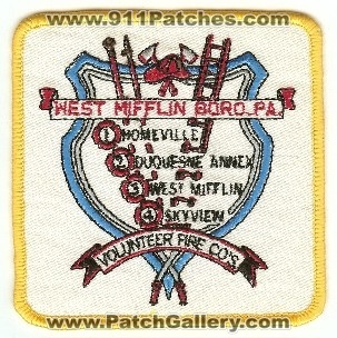 West Mifflin Boro Volunteer Fire Co's
Thanks to PaulsFirePatches.com for this scan.
Keywords: pennsylvania companies cos borough
