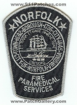 Norfolk Fire Paramedical Services
Thanks to PaulsFirePatches.com for this scan.
Keywords: virginia city of