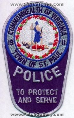 St Paul Police
Thanks to EmblemAndPatchSales.com for this scan.
Keywords: virginia town of saint