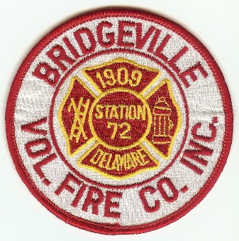 Bridgeville Vol Fire Co Inc Station 72
Thanks to PaulsFirePatches.com for this scan.
Keywords: delaware volunteer company