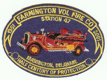 Farmington Vol Fire Co
Thanks to PaulsFirePatches.com for this scan.
Keywords: delaware volunteer company station 47