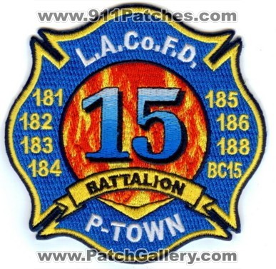 Los Angeles County Fire Department Battalion 15 (California)
Thanks to Paul Howard for this scan.
Keywords: l.a. la co. f.d. fd dept. p-town 181 182 183 184 185 186 188 bc15