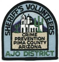 Pima County Sheriff's Volunteers Crime Prevention Ajo District (Arizona)
Thanks to BensPatchCollection.com for this scan.
Keywords: sheriffs