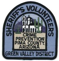 Pima County Sheriff's Volunteers Crime Prevention Green Valley District (Arizona)
Thanks to BensPatchCollection.com for this scan.
Keywords: sheriffs