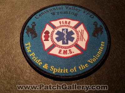 Centennial Valley Volunteer Fire Department Patch (Wyoming)
Thanks to Jeremiah Herderich for the picture.
Keywords: vol. dept. vfd ems e.m.s.