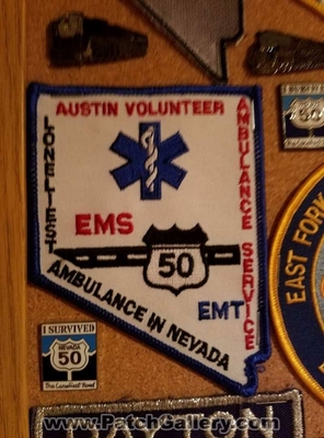 Austin Volunteer Ambulance Service EMT Patch (Nevada)
Thanks to Jeremiah Herderich for the picture.
Keywords: vol. ems loneliest ambulance in 50 state shape