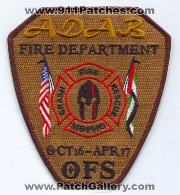 Al Dhafra Air Base Fire Department Patch (United Arab Emirates)
Scan By: PatchGallery.com
[b]Patch Made By: 911Patches.com[/b]
Keywords: adab dept. crash rescue cfr arff aircraft airport firefighter firefighting ofs oct16-apr17