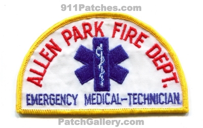 Allen Park Fire Department Emergency Medical Technician EMT Patch (Michigan)
Scan By: PatchGallery.com
Keywords: dept.