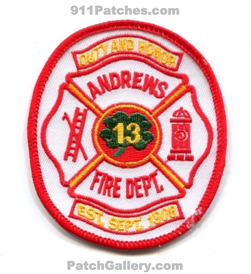 Andrews Fire Department 13 Patch (South Carolina)
Scan By: PatchGallery.com
Keywords: dept. duty and honor est. sept. 1906