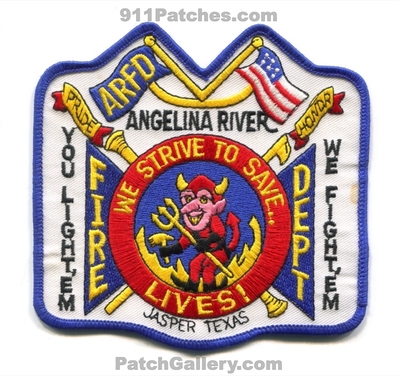 Angelina River Fire Department Jasper Patch (Texas)
Scan By: PatchGallery.com
Keywords: dept. arfd we strive to save lives you light em we fight em pride honor