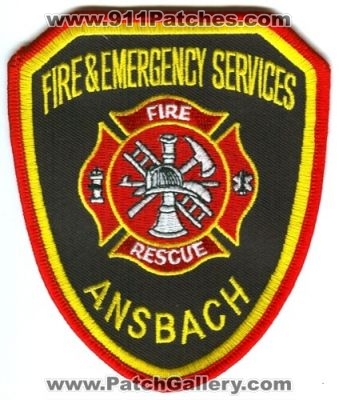 Ansbach Fire and Emergency Services Fire Rescue US Army Garrison Patch (Germany)
Scan By: PatchGallery.com
Keywords: & military
