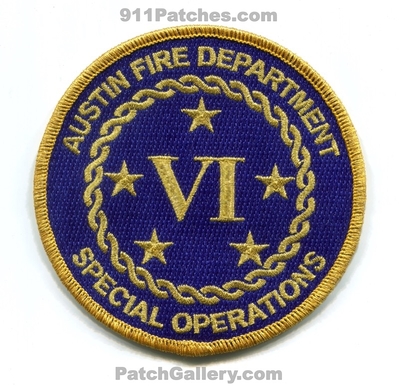 Austin Fire Department Battalion 6 Special Operations Patch (Texas)
Scan By: PatchGallery.com
[b]Patch Made By: 911Patches.com[/b]
Keywords: dept. afd a.f.d. company co. station vi