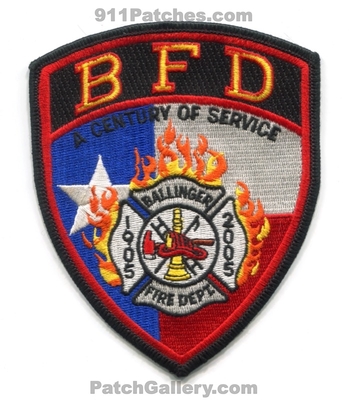 Ballinger Fire Department Patch (Texas)
Scan By: PatchGallery.com
Keywords: dept. bfd a century of service 1905 2005