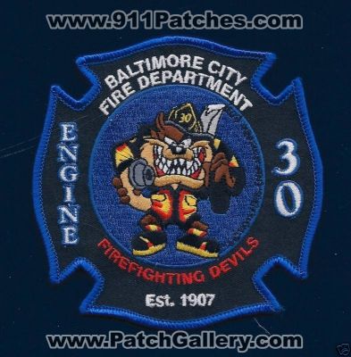 Baltimore City Fire Department Engine 30 (Maryland)
Thanks to PaulsFirePatches.com for this scan.
Keywords: dept. bcfd