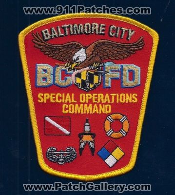Baltimore City Fire Department Special Operations Command (Maryland)
Thanks to PaulsFirePatches.com for this scan.
Keywords: dept. bcfd