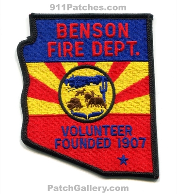 Benson Volunteer Fire Department Patch (Arizona) (State Shape)
Scan By: PatchGallery.com
Keywords: vol. dept. founded 1907