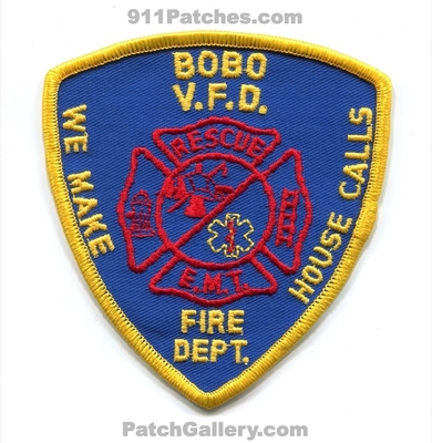 Bobo Volunteer Fire Rescue Department EMT Patch (Alabama)
Scan By: PatchGallery.com
Keywords: vol. dept. vfd v.f.d. e.m.t. we make house calls