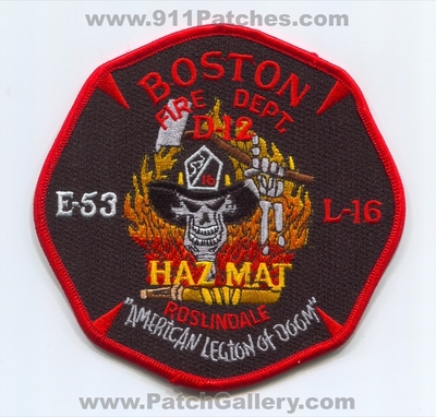 Boston Fire Department Engine 53 Ladder 16 District 12 Patch (Massachusetts)
Scan By: PatchGallery.com
Keywords: Dept. BFD B.F.D. E-53 L-16 D-12 HazMat Haz-Mat Chief Hazardous Materials Company Co. Station "American Legion of Doom" - Roslindale - Skull