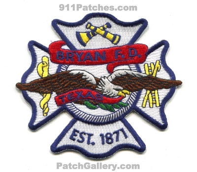 Bryan Fire Department Patch (Texas)
Scan By: PatchGallery.com
Keywords: dept. est. 1871