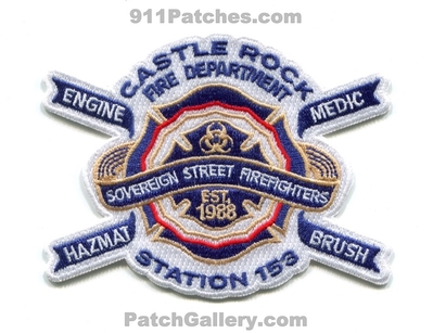 Castle Rock Fire Rescue Department Station 153 Patch (Colorado)
[b]Scan From: Our Collection[/b]
[b]Patch Made By: 911Patches.com[/b]
Keywords: dept. crfd engine medic ambulance hazmat haz-mat brush company co. sovereign street firefighters est. 1988