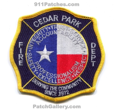 Cedar Park Fire Department Patch (Texas)
Scan By: PatchGallery.com
Keywords: dept. integrity trust service accountability professionalism safety excellence respect serving the community since 1972
