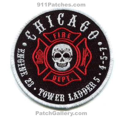 Chicago Fire Department Engine 23 Tower Ladder 5 Patch (Illinois)
Scan By: PatchGallery.com
[b]Patch Made By: 911Patches.com[/b]
Keywords: Dept. CFD C.F.D. Company Co. Station 4-5-7 - Sugar Skull