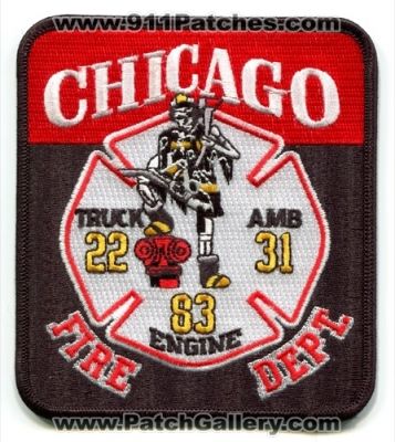 Chicago Fire Department Engine 83 Truck 22 Ambulance 31 Patch (Illinois)
Scan By: PatchGallery.com
Keywords: dept. cfd ems company co. station