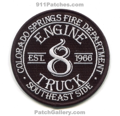 Colorado Springs Fire Department Station 8 Patch (Colorado)
[b]Scan From: Our Collection[/b]
[b]Patch Made By: 911Patches.com[/b]
Keywords: dept. csfd engine truck company co. southeast side est. 1966