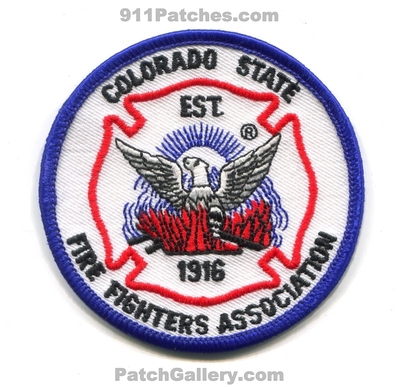 Colorado State Fire Fighters Association Patch (Colorado)
[b]Scan From: Our Collection[/b]
Keywords: firefighters assoc. assn. est. 1916