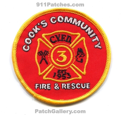 Cooks Community Volunteer Fire Rescue Department 3 Patch (North Carolina)
Scan By: PatchGallery.com
Keywords: comm. vol. dept. & and cvfd c.v.f.d. est 1953
