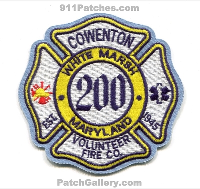 Cowenton Volunteer Fire Company 200 White Marsh Patch (Maryland)
Scan By: PatchGallery.com
Keywords: vol. co. department dept. est. 1945