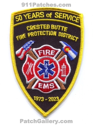 Crested Butte Fire Protection District 50 Years of Service Patch (Colorado)
[b]Scan From: Our Collection[/b]
Keywords: prot. dist. department dept. ems 1973-2023