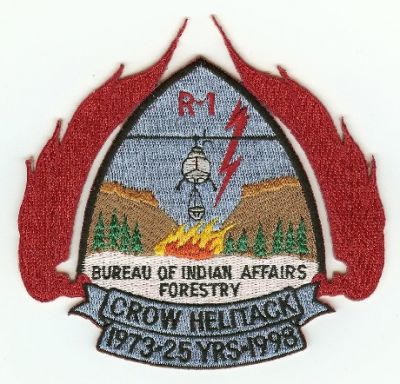 Crow Helitack 25 Years
Thanks to PaulsFirePatches.com for this scan.
Keywords: montana fire bia burea of indian affairs wildland forestry helicopter R-1