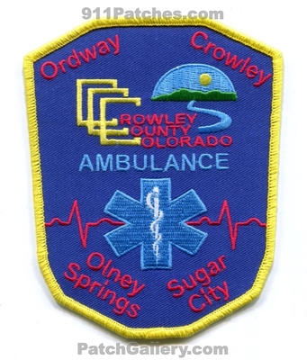 Crowley County Ambulance Patch (Colorado)
[b]Scan From: Our Collection[/b]
Keywords: co. ems emt paramedic ordway olney springs sugar city
