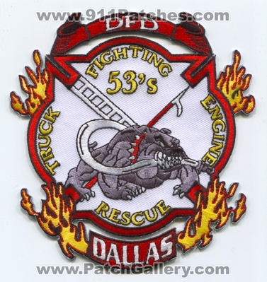 Dallas Fire Department Station 53 Patch (Texas)
Scan By: PatchGallery.com
Keywords: Dept. DFD D.F.D. Company Co. Engine Truck Rescue Fighting 53&#039;s - Bulldog