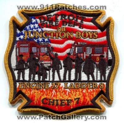 Detroit Fire Department Engine 27 Ladder 8 Chief 7 Patch (Michigan)
Scan By: PatchGallery.com
Keywords: dept. company co. station the junction boys
