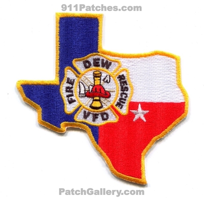 Dew Volunteer Fire Rescue Department Patch (Texas) (State Shape)
Scan By: PatchGallery.com
Keywords: vol. dept. vfd