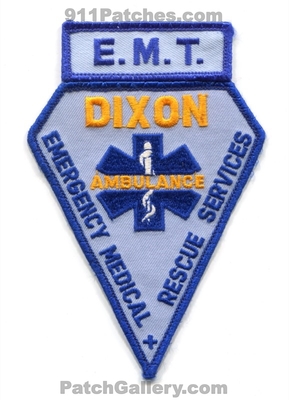 Dixon Ambulance EMT Patch (Missouri)
Scan By: PatchGallery.com
Keywords: emergency medical technician e.m.t. services ems e.m.s. rescue