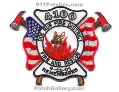 Doe Run Fire District 4100 Patch (Missouri)
Scan By: PatchGallery.com
Keywords: and rescue department dept. 9-11-01 remembered