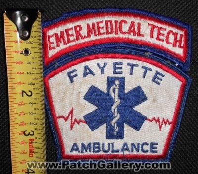 Fayette Ambulance Emergency Medical Technician (Pennsylvania)
Thanks to Matthew Marano for this picture.
Keywords: emer. tech. emt ems