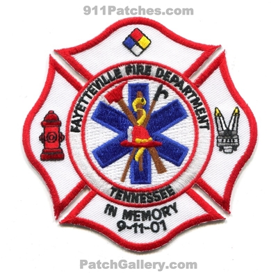 Fayetteville Fire Department Patch (Tennessee)
Scan By: PatchGallery.com
Keywords: dept. in memory 9-11-01