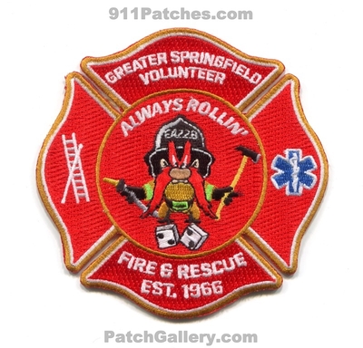 Greater Springfield Volunteer Fire and Rescue Department Patch (Virginia)
Scan By: PatchGallery.com
[b]Patch Made By: 911Patches.com[/b]
Keywords: vol. & dept. always rollin&#039; est. 1966 yosemite sam